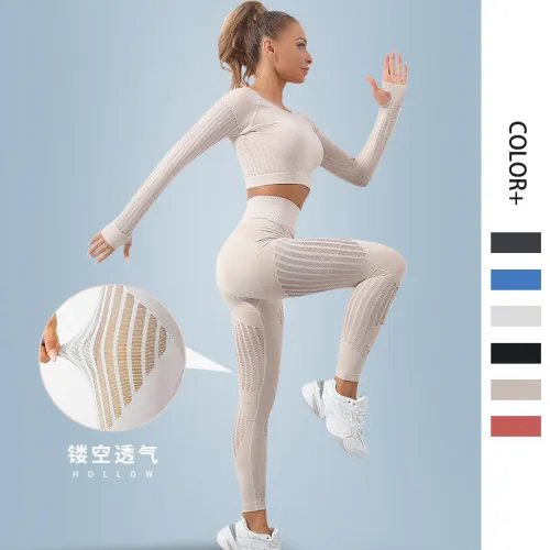 In stock! European and American seamless hollow out moisture absorption yoga long sleeved set yoga suit, sports fitness running yoga pants for women