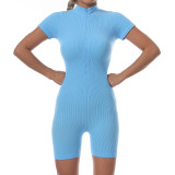 European and American Amazon threaded elastic yoga suit short sleeved jumpsuit for women's sports running tight fitting jumpsuit for external wear