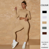European and American vertical seamless knitted yoga suit, women's double zippered long sleeved pants, fitness and yoga two-piece set