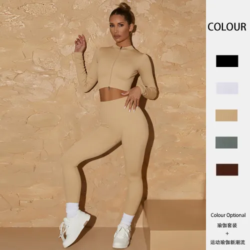 European and American vertical seamless knitted yoga suit, women's double zippered long sleeved pants, fitness and yoga two-piece set