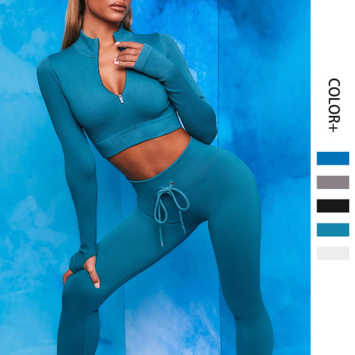 Cross border Instagram hot selling seamless vertical long sleeved sportswear with sweat absorption, high elasticity and hip lifting yoga pants fitness set