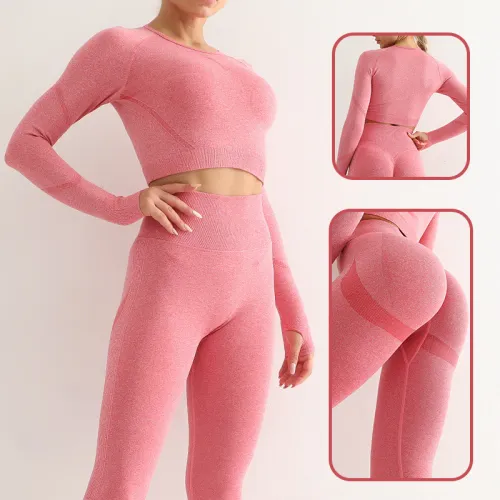 European and American seamless yoga suit two-piece set for women's outdoor fitness, high waist, hip lifting, slimming and tight fitting long sleeved yoga set