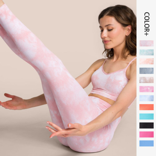 New European and American cross-border quick drying seamless tie dyeing yoga exercise running beauty back bra and pants set for fitness women