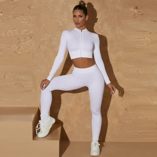 European and American vertical seamless knitted yoga suit, women's double zippered long sleeved pants, fitness and yoga two-piece set