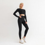 European and American seamless yoga suit two-piece set for women's outdoor fitness, high waist, hip lifting, slimming and tight fitting long sleeved yoga set