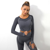 Hot selling seamless knitted hollow sexy moisture wicking long sleeved yoga suit from Europe and America, sports fitness running