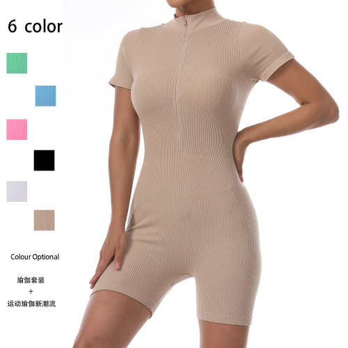 European and American Amazon threaded elastic yoga suit short sleeved jumpsuit for women's sports running tight fitting jumpsuit for external wear