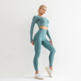 European and American seamless yoga suit two-piece set for women's outdoor fitness, high waist, hip lifting, slimming and tight fitting long sleeved yoga set