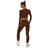 European and American vertical seamless knitted yoga suit, women's double zippered long sleeved pants, fitness and yoga two-piece set