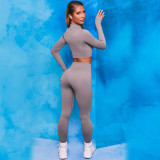 Cross border Instagram hot selling seamless vertical long sleeved sportswear with sweat absorption, high elasticity and hip lifting yoga pants fitness set