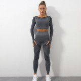 In stock! European and American seamless hollow out moisture absorption yoga long sleeved set yoga suit, sports fitness running yoga pants for women
