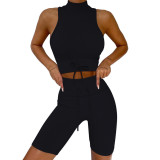 New Thread Yoga Suit Set with High Neck Tank Top Seamless Knitted Fitness Sports Strap Shorts Yoga Suit