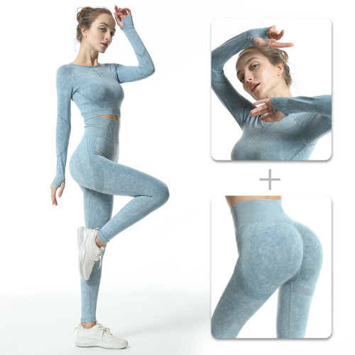 New Water Washed Seamless Sports Yoga Dress Women's Long sleeved Yoga Pants Set Slimming and Tight Two Piece Set