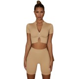 Cross border new seamless knitted yoga suit for women's sports, fitness, high waist, hip lifting yoga shorts, zippered short sleeved set