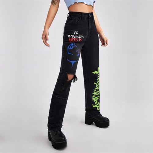 Amazon Europe and America's new distressed printed women's jeans, fashionable oversized women's letter wide leg pants, trendy