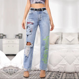Amazon Europe and America's new distressed printed women's jeans, fashionable oversized women's letter wide leg pants, trendy