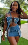 X11393C Patchwork Denim Two Piece Set Women Sexy Hollow Out Bandage Wrap Chest Tank Tops and Mini Skirt Matching 2024 Streetwear