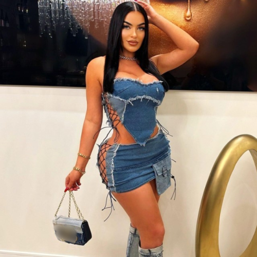 X11393C Patchwork Denim Two Piece Set Women Sexy Hollow Out Bandage Wrap Chest Tank Tops and Mini Skirt Matching 2024 Streetwear