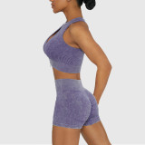 Cross border New Product Seamless Thread Yoga Suit Set Women's Zipper Sandwashing Sports Bra High Waist Peach Hip Shorts