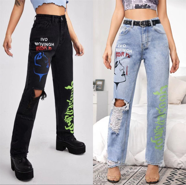 Amazon Europe and America's new distressed printed women's jeans, fashionable oversized women's letter wide leg pants, trendy