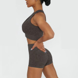 Cross border New Product Seamless Thread Yoga Suit Set Women's Zipper Sandwashing Sports Bra High Waist Peach Hip Shorts