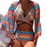 New European and American Foreign Trade Bikini Digital Printing Three Piece Swimwear with Sandwich Beach High Waist 3470