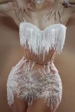 European and American female singer stage performance attire mesh transparent pearl tassel strapless mini dress formal performance attire