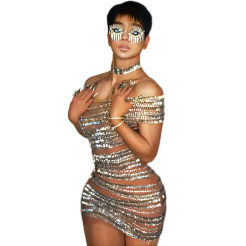 Luxury sparkling rhinestone sexy one line neck transparent mesh mini dress birthday party celebration costume