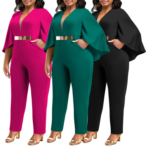 P3049 Amazon's New European and American Cross border Sexy Fashion Solid Color Bat Cloak Sexy V-neck Large jumpsuit