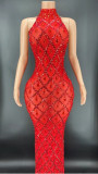 Cross border sexy perspective mesh hanging neck, backless sleeveless long dress, sparkling rhinestone party and nightclub evening dress