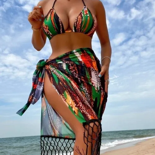 New European and American Foreign Trade Bikini Three Piece Swimsuit Women's Lace up Sandwich Fringe Sexy Swimsuit SY3473