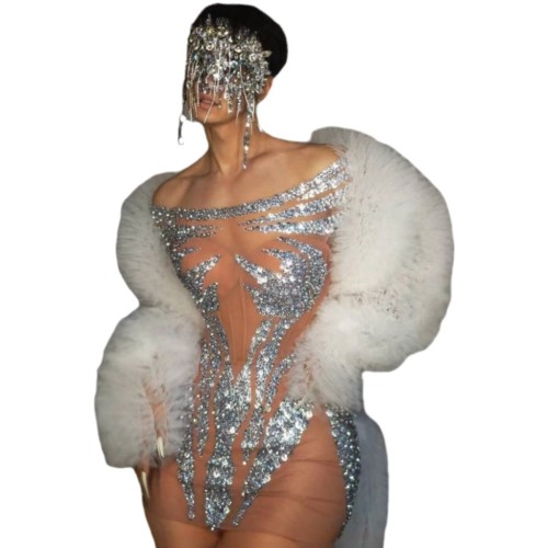 Sexy Perspective Mesh Luxury Fine Sparkling Full Diamond Snow Lotus Printed Dress Nightclub Bar Performance Tight Performance Dress