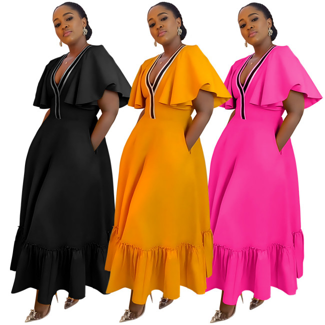 N7982 Cross border European, American, Amazon Large Women's V-neck Ruffle Sleeves Pleated Casual Dress for Women