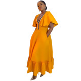 N7982 Cross border European, American, Amazon Large Women's V-neck Ruffle Sleeves Pleated Casual Dress for Women