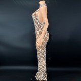 Cross border sexy perspective mesh hanging neck, backless sleeveless long dress, sparkling rhinestone party and nightclub evening dress