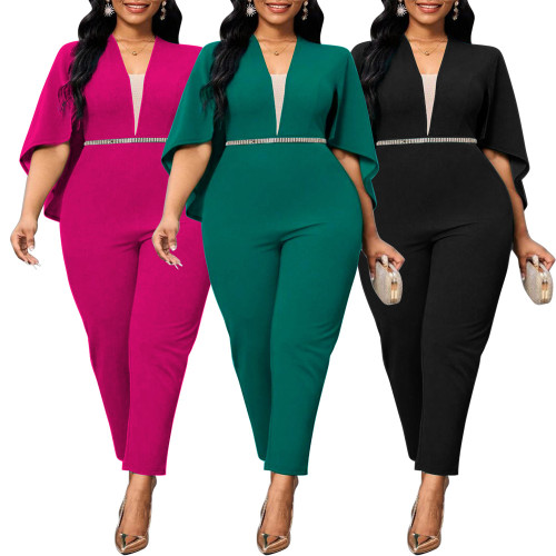 P3049 Amazon's New European and American Cross border Sexy Fashion Solid Color Bat Cloak Sexy V-neck Large jumpsuit