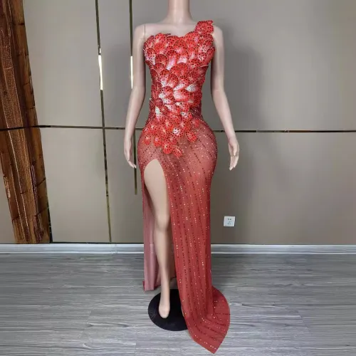 Three dimensional full diamond petal sexy one shoulder side slit long skirt with temperament, socialite evening dress, stage performance costume