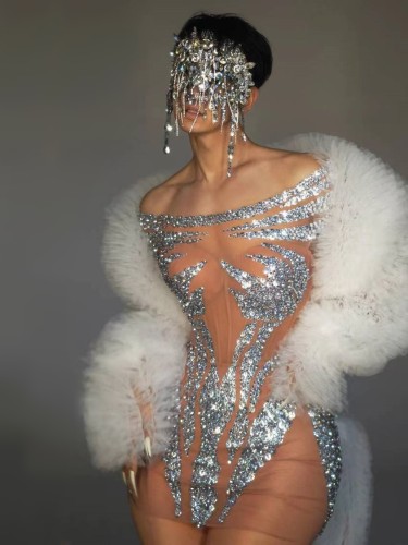 Sexy Perspective Mesh Luxury Fine Sparkling Full Diamond Snow Lotus Printed Dress Nightclub Bar Performance Tight Performance Dress