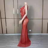 Three dimensional full diamond petal sexy one shoulder side slit long skirt with temperament, socialite evening dress, stage performance costume