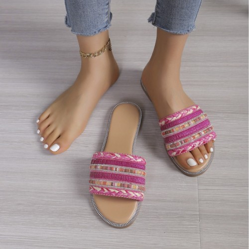 Foreign trade oversized sandals for women's summer new one line flower color European and American casual outerwear women's flat bottomed slippers for women's shoes