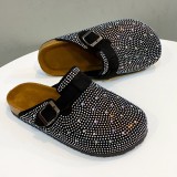 Wholesale of women's summer new Mary Jane rhinestones European and American round toe buckle cork slippers with baotou slippers