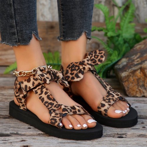 New Sandals for Women's Foreign Trade Large Size Thick Sole, Leopard Pattern, Velcro Bow Tie, European and American Leisure Beach Sandals