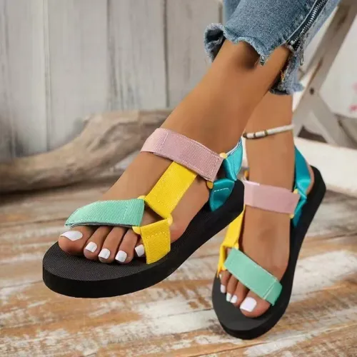 Cross border oversized sandals for women in spring and summer, new thick soled color blocking Velcro, European and American ethnic style beach sandals