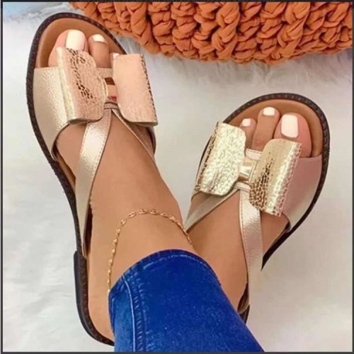 Cross border foreign trade large size summer new European and American breathable women's casual sandals flat bottomed bow slippers in stock