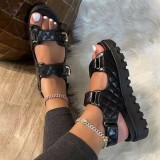 Spring and summer new thick soled sandals for women's foreign trade, large size, small fragrant style, prismatic plaid, one word Velcro, external wearing women's shoes