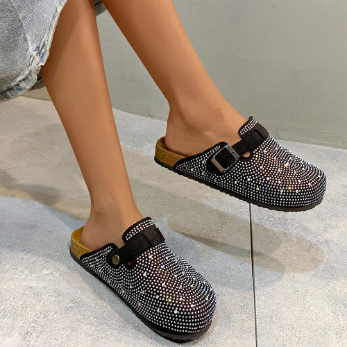 Wholesale of women's summer new Mary Jane rhinestones European and American round toe buckle cork slippers with baotou slippers
