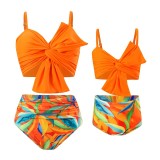 Wholesale of New European and American Swimsuits Solid Color Big Bow Bikini Huludao Printed Swimsuits Parent Child Split Swimsuits