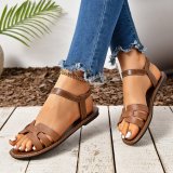Foreign trade oversized sandals women's shoes with round toe woven buckle and solid color European and American casual outerwear flat bottomed sandals in stock