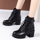 Autumn and Winter New Foreign Trade Large Size Short Boots Belt Buckle Thick Bottom Lace up Martin Boots Women's English Style Thick Heels Women's Boots