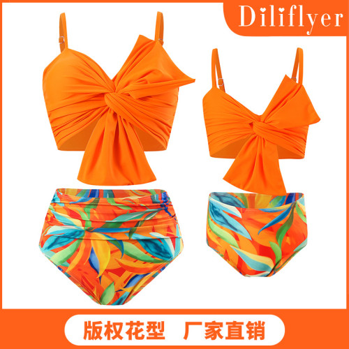 Wholesale of New European and American Swimsuits Solid Color Big Bow Bikini Huludao Printed Swimsuits Parent Child Split Swimsuits